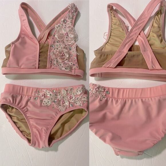 AA dance design custom solo costume pink rhinestone 2 piece set LC child - Picture 1 of 10